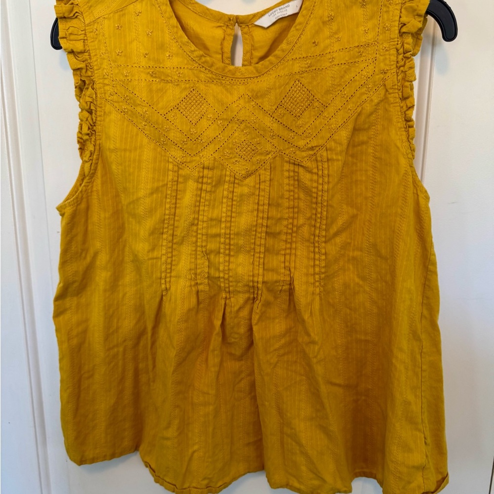 Lucky Brand Mustard Yellow Sleeveless Blouse with Ruffled and Pleated Details